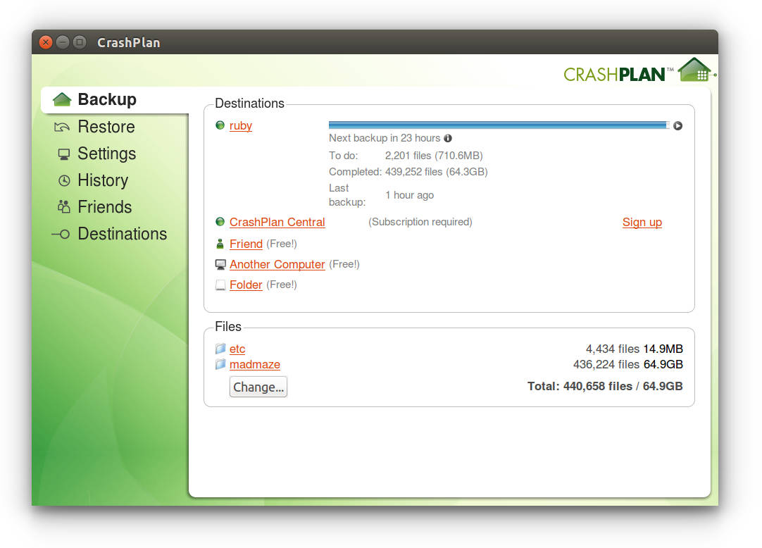 CrashPlan Client/Server User Interface