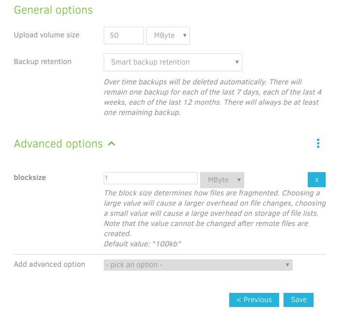 Genral settings controling Volume Size, Blocksize and Retention.